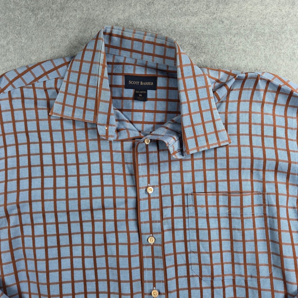 Scott Barber Button Down Shirt Mens XL Blue Brown Grid Plaid Long Sleeve Cotton